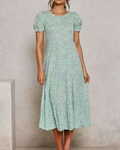 Floral Puff Sleeve Round Neck Shirred Frill Midi Dresses