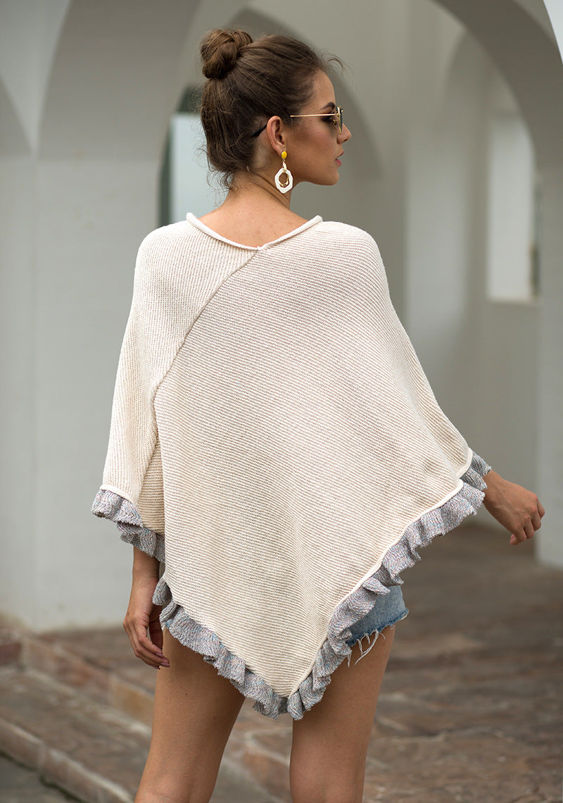 Ruffled Hem Crimped Collar Sweater Cloak Shawl Cape Cardigans