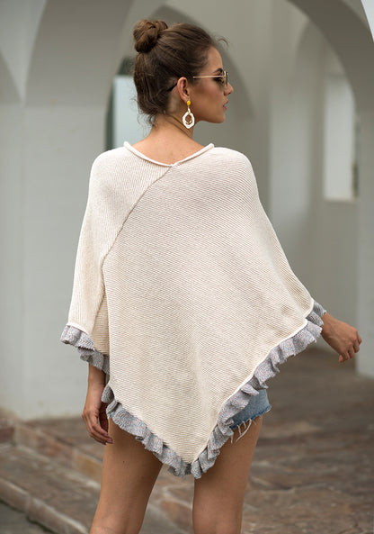 Ruffled Hem Crimped Collar Sweater Cloak Shawl Cape Cardigans