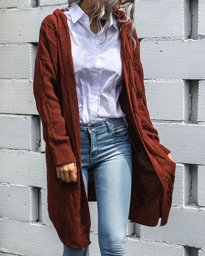 Knit V-neck Argyle Pattern Hooded Cardigans