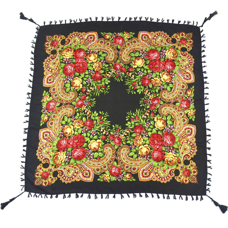 Ethnic Flower Print Square Scarf Shawl Fringed Scarves for Women Ladies Girls