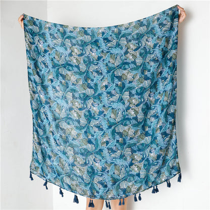 Ethnic Blue Tassel Printed Scarf Shawl for Women Ladies Girls