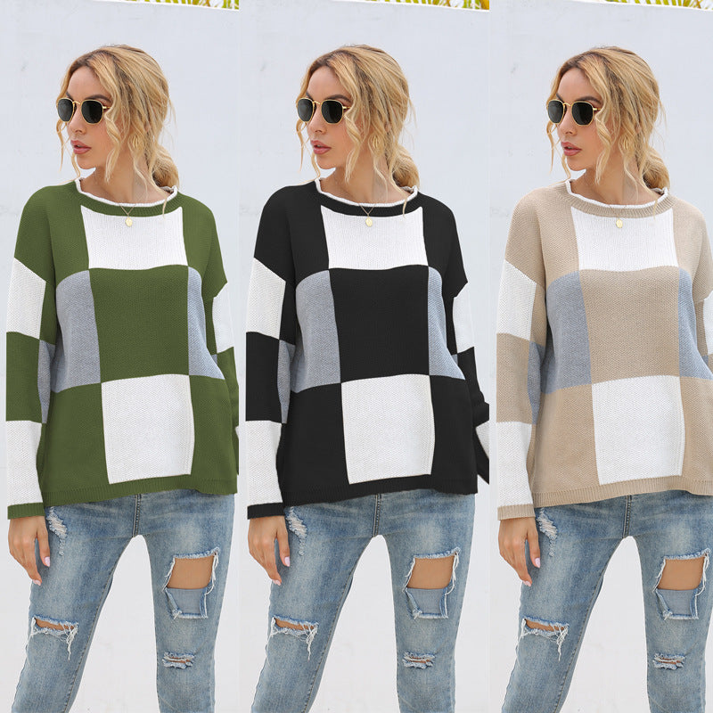 Plaid Knit Oversize Contrast Color Sweaters