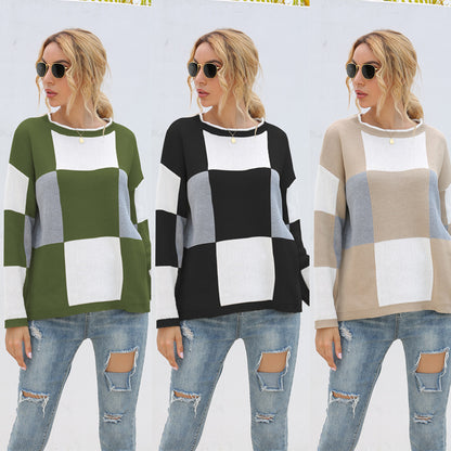 Plaid Knit Oversize Contrast Color Sweaters