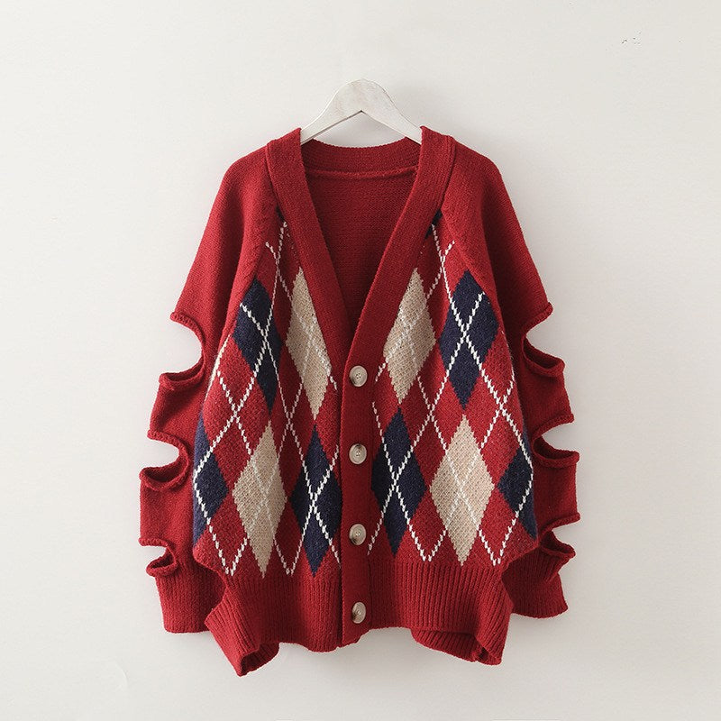 Argyle Pattern Knit Hollow-out Sleeves Sweaters
