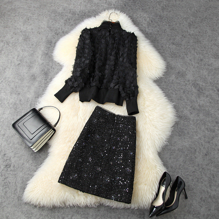 Elegant Black Flower Splicing Beading Tops Skirts Two-piece Set