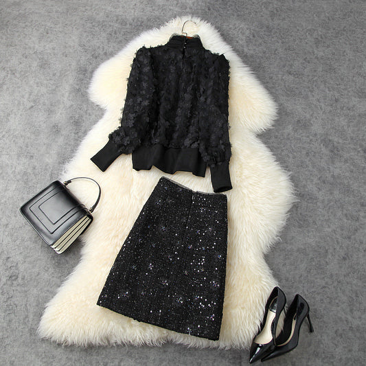 Elegant Black Flower Splicing Beading Tops Skirts Two-piece Set