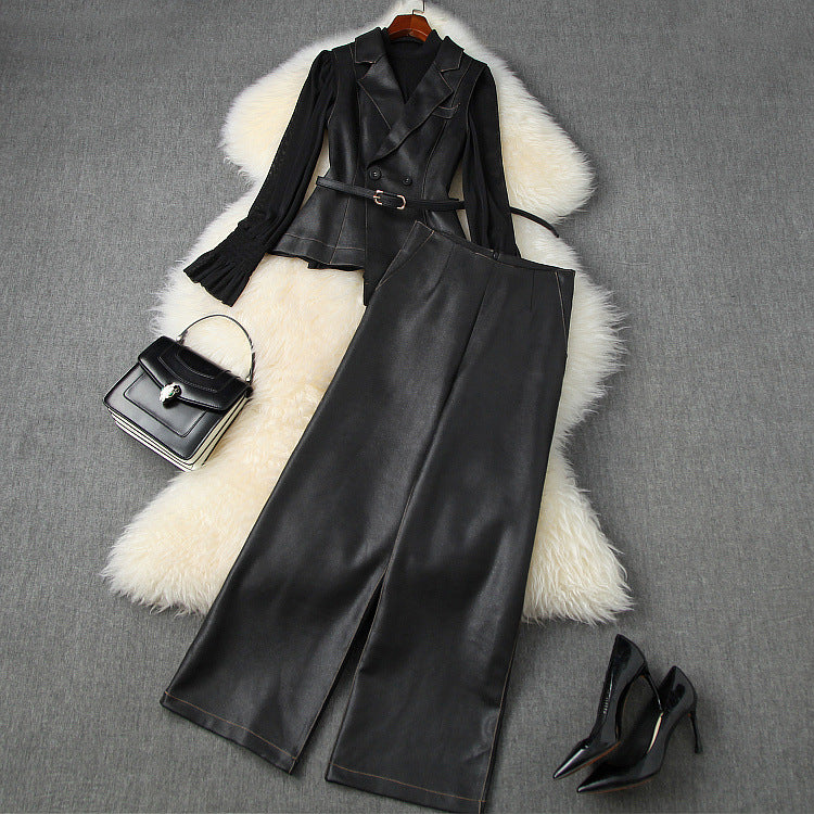 Belt Blazers Vest Net Yarn Tops Wide Leg Pants Three-piece Set
