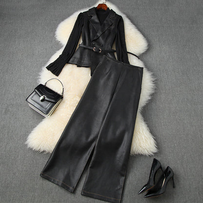 Belt Blazers Vest Net Yarn Tops Wide Leg Pants Three-piece Set