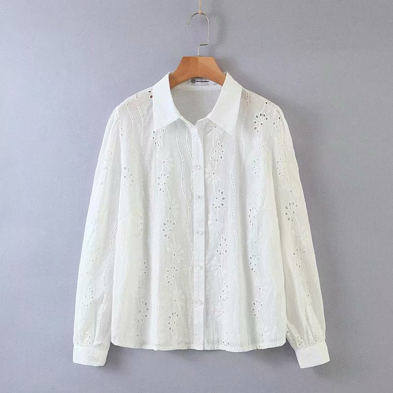 Floral Embroidery Single-breasted Hollow-out Shirts Blouse