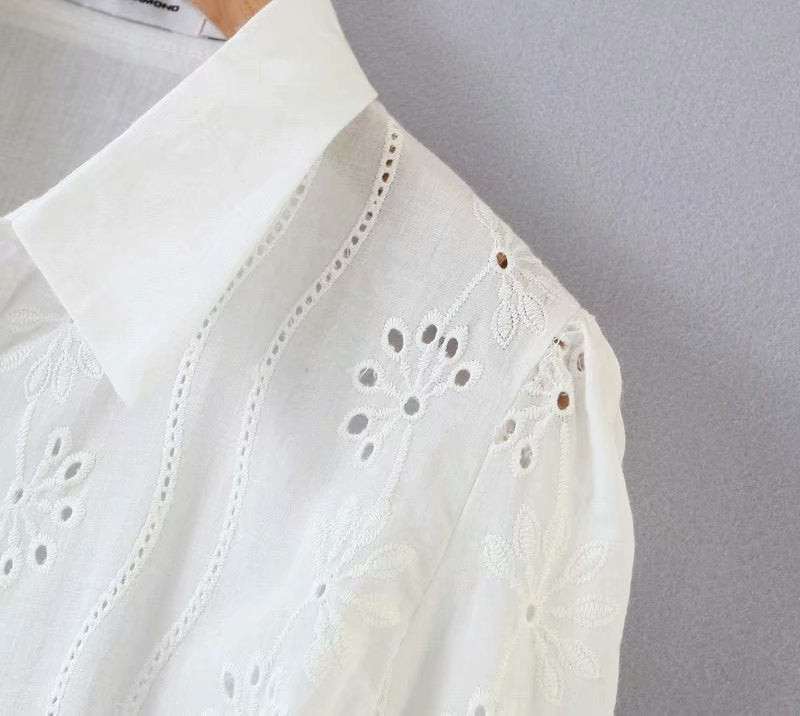 Floral Embroidery Single-breasted Hollow-out Shirts Blouse