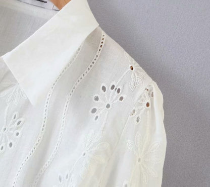 Floral Embroidery Single-breasted Hollow-out Shirts Blouse