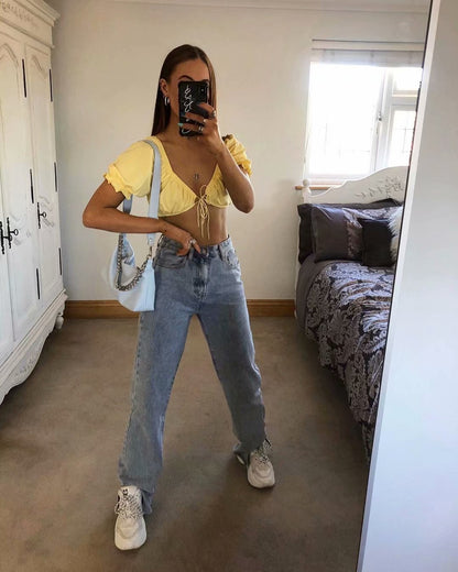 Leg Split High Waist Wide Leg Straight Jeans Denim Pants