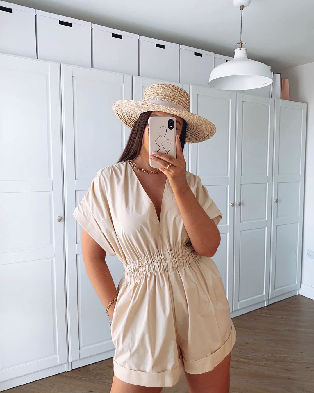 Deep V-neck Shirred Frill Elastic Waist Jumpsuit