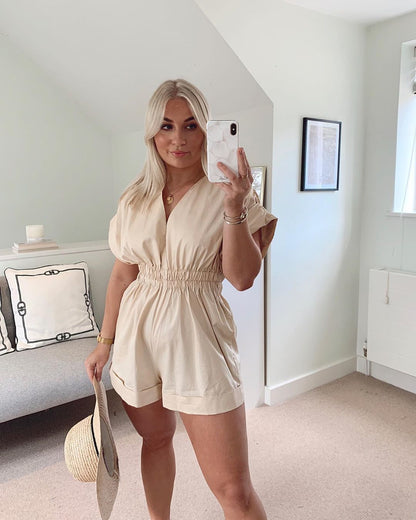 Deep V-neck Shirred Frill Elastic Waist Jumpsuit