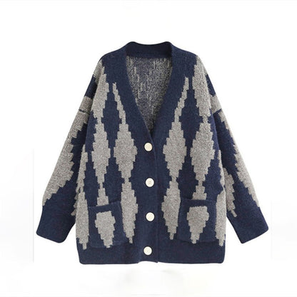 V-neck Single-breasted Contrast Color Argyle Pattern Cardigan Sweater