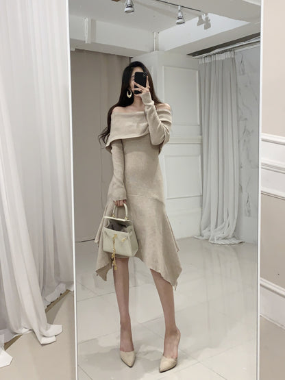 Off Shoulder Fishtail Sweater Knit Midi Dress