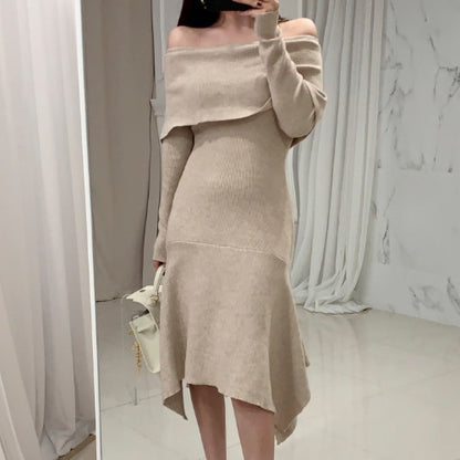 Off Shoulder Fishtail Sweater Knit Midi Dress