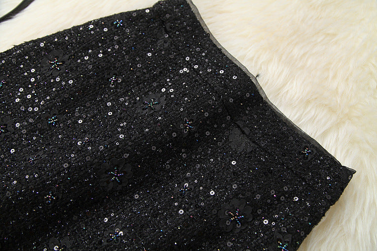 Elegant Black Flower Splicing Beading Tops Skirts Two-piece Set
