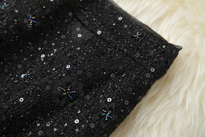 Elegant Black Flower Splicing Beading Tops Skirts Two-piece Set