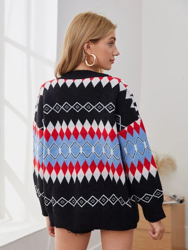 Argyle Pattern Geometry Single-breasted V-neck Sweater Outerwear Cardigan