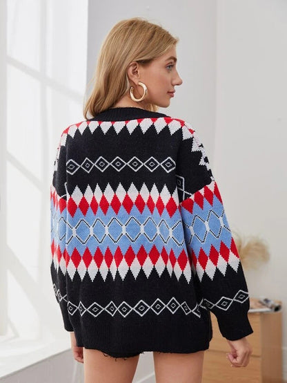 Argyle Pattern Geometry Single-breasted V-neck Sweater Outerwear Cardigan