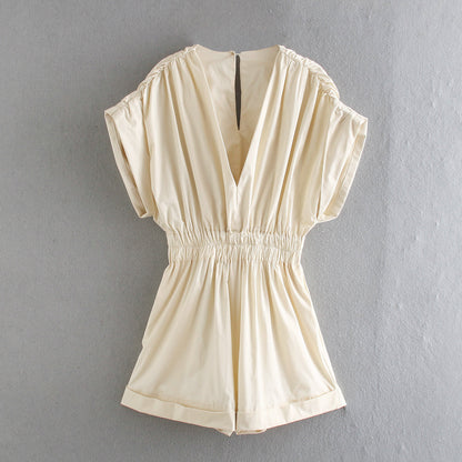 Deep V-neck Shirred Frill Elastic Waist Jumpsuit