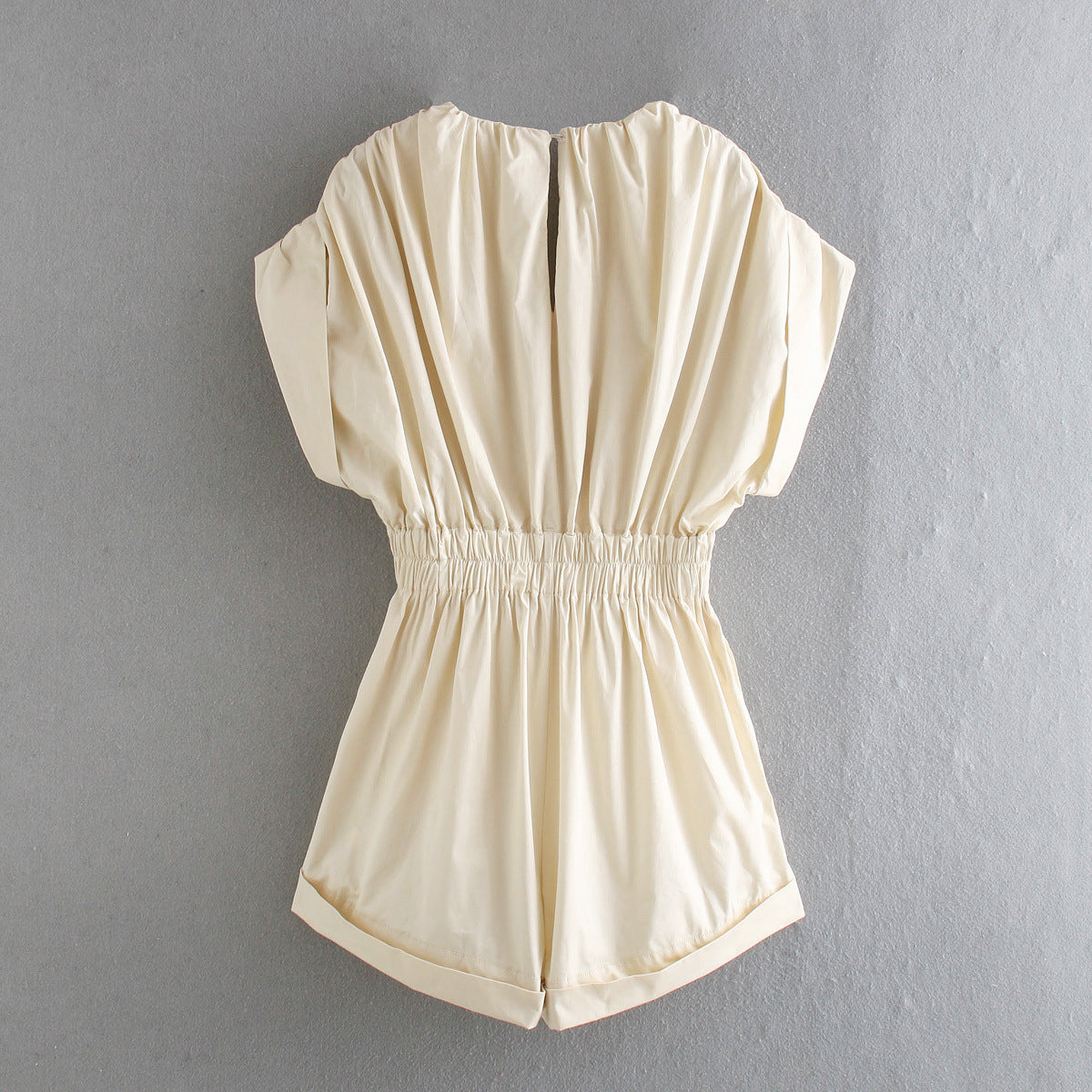 Deep V-neck Shirred Frill Elastic Waist Jumpsuit