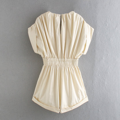 Deep V-neck Shirred Frill Elastic Waist Jumpsuit