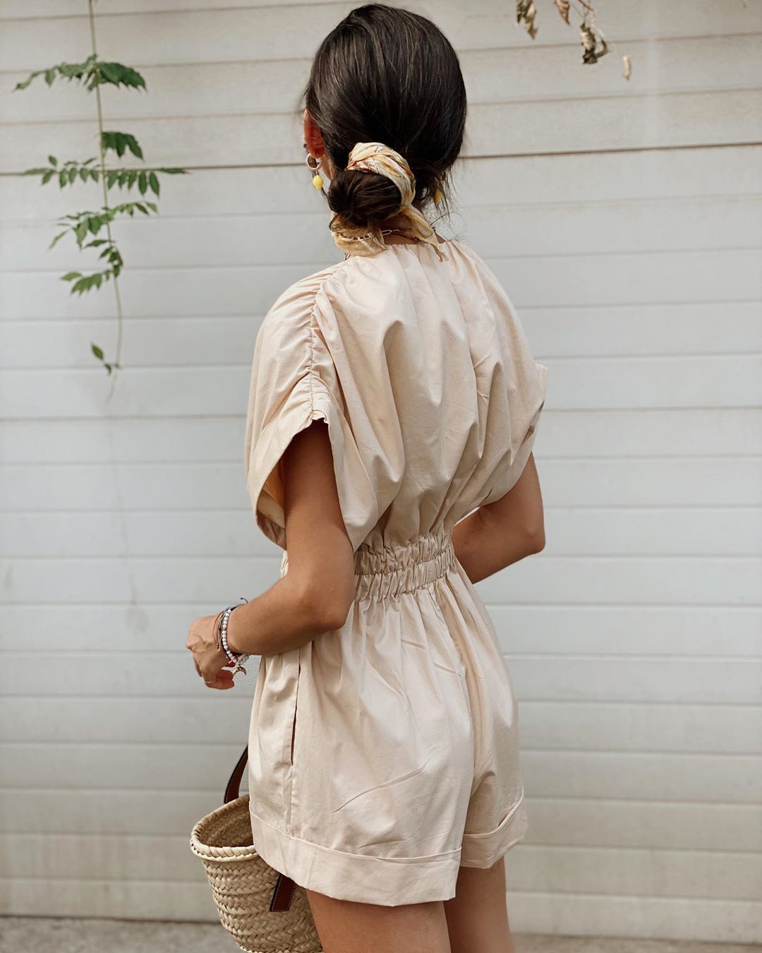 Deep V-neck Shirred Frill Elastic Waist Jumpsuit