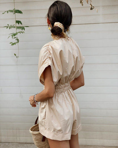 Deep V-neck Shirred Frill Elastic Waist Jumpsuit