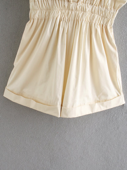 Deep V-neck Shirred Frill Elastic Waist Jumpsuit