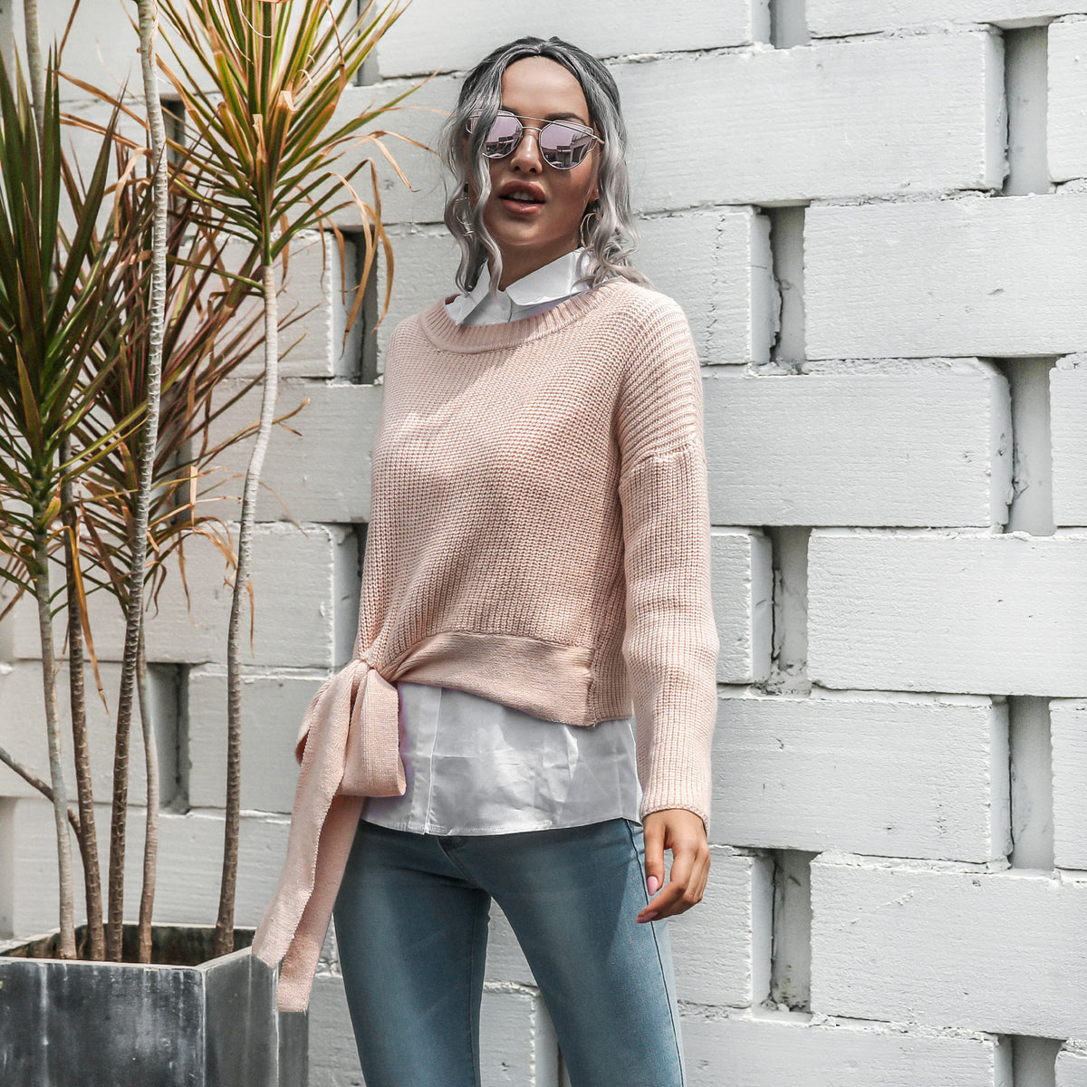 Casual Office Style Bowknot Knitting Sweater