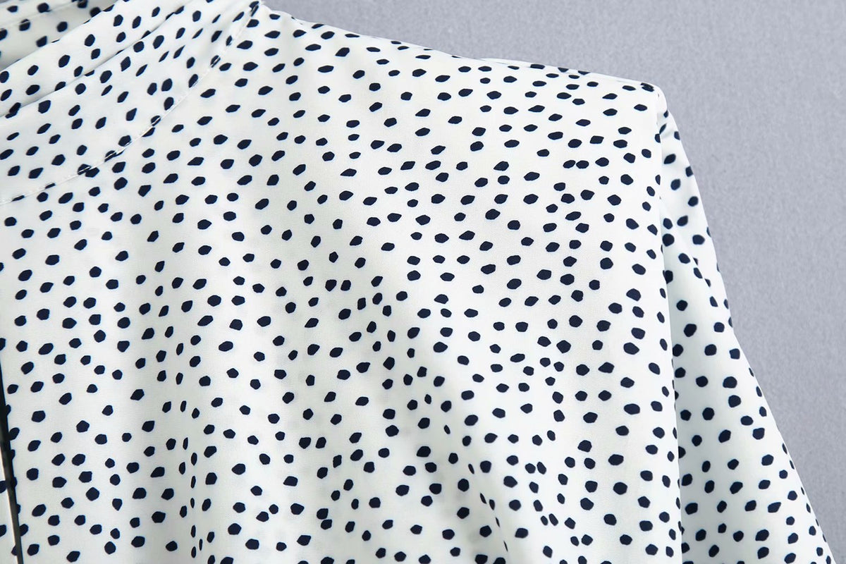 Polka Dot Shirred Frill Shoulder Pad Midi Dresses
