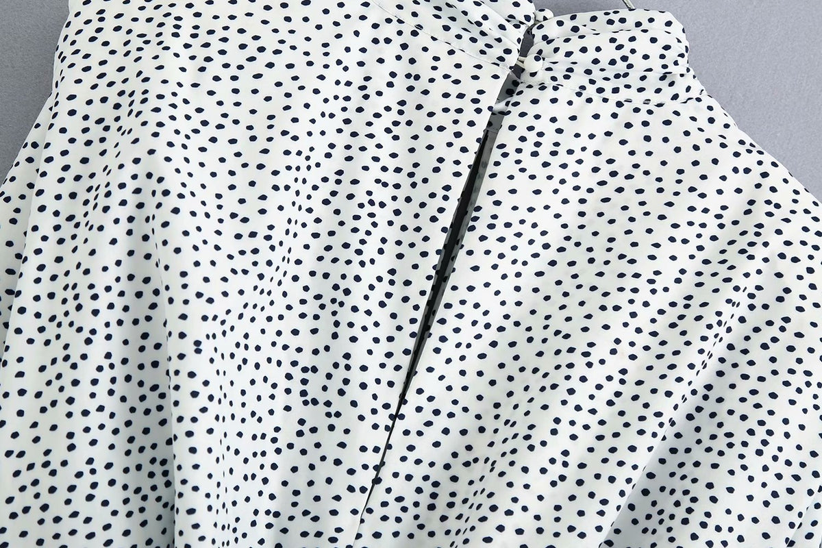 Polka Dot Shirred Frill Shoulder Pad Midi Dresses