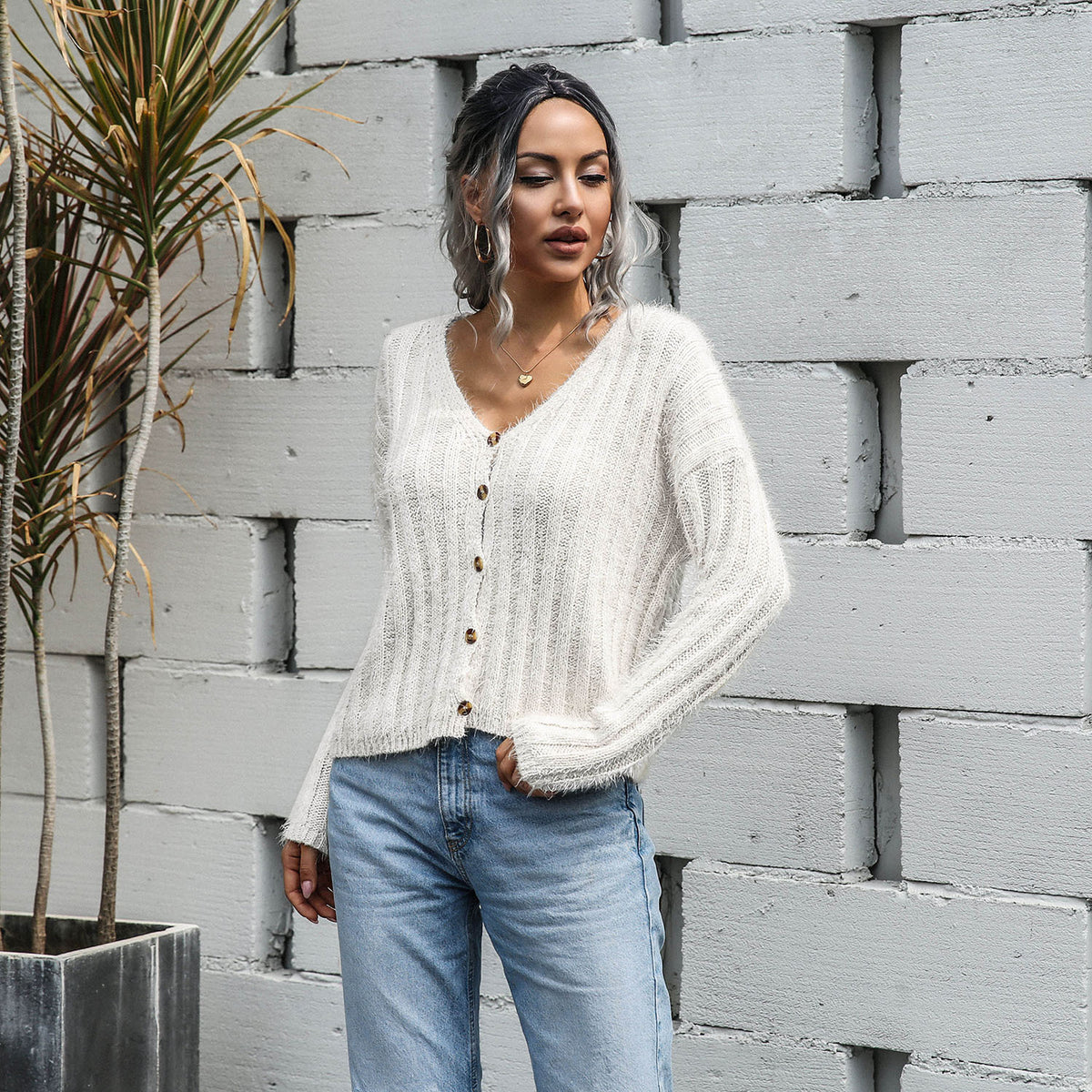 V-neck Single-breasted Knit Sweaters Cardigans