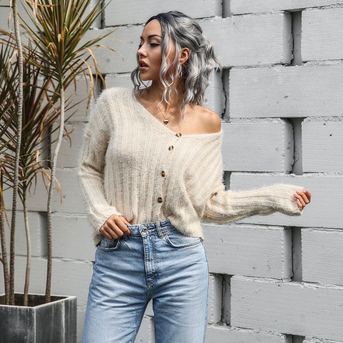 V-neck Single-breasted Knit Sweaters Cardigans