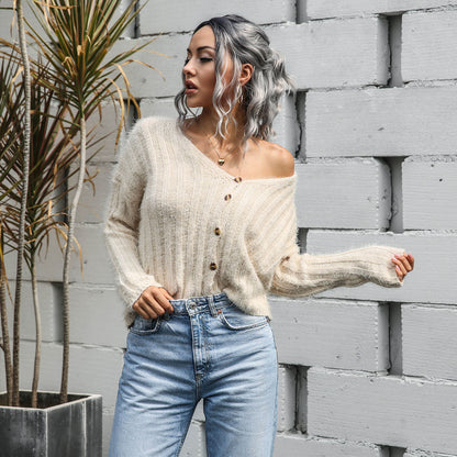 V-neck Single-breasted Knit Sweaters Cardigans