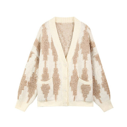 V-neck Single-breasted Contrast Color Argyle Pattern Cardigan Sweater