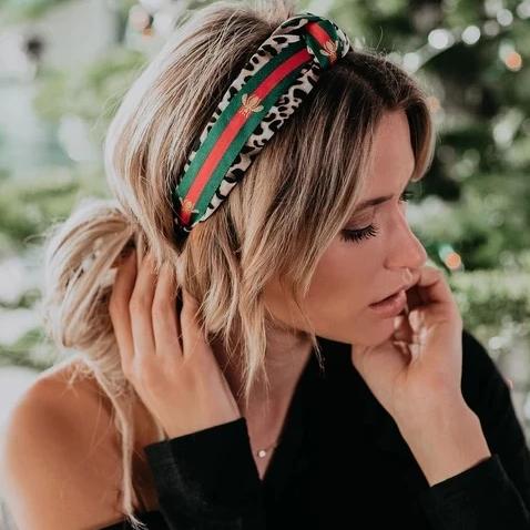 Leopard Knot Headbands with Stripe, Cross Knot Bee Embroidery Ribbon Hair Hoops with Cloth Wrapped