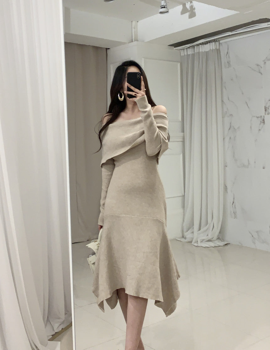 Off Shoulder Fishtail Sweater Knit Midi Dress
