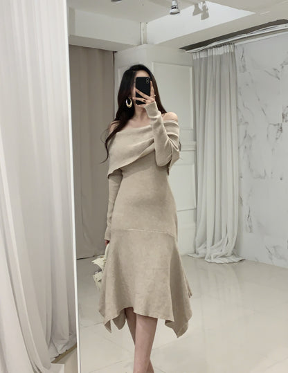 Off Shoulder Fishtail Sweater Knit Midi Dress