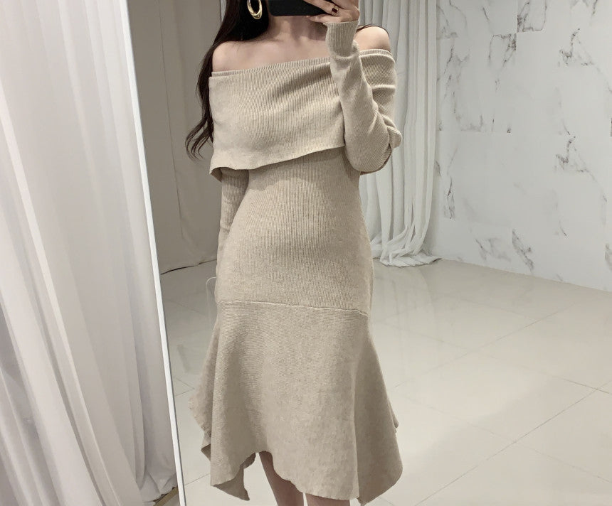 Off Shoulder Fishtail Sweater Knit Midi Dress