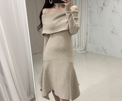 Off Shoulder Fishtail Sweater Knit Midi Dress