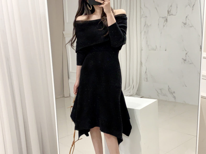 Off Shoulder Fishtail Sweater Knit Midi Dress