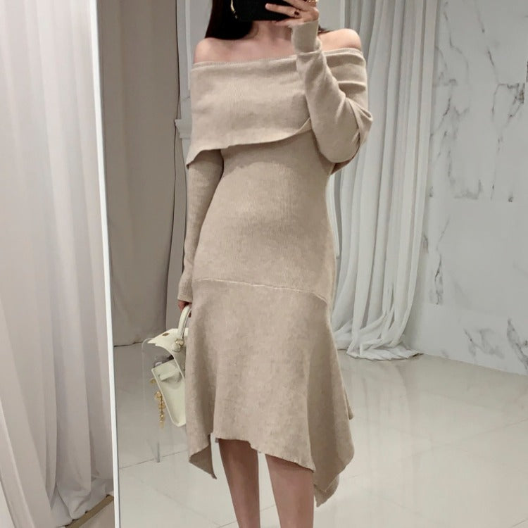 Off Shoulder Fishtail Sweater Knit Midi Dress