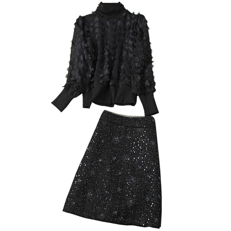Elegant Black Flower Splicing Beading Tops Skirts Two-piece Set