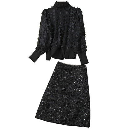 Elegant Black Flower Splicing Beading Tops Skirts Two-piece Set