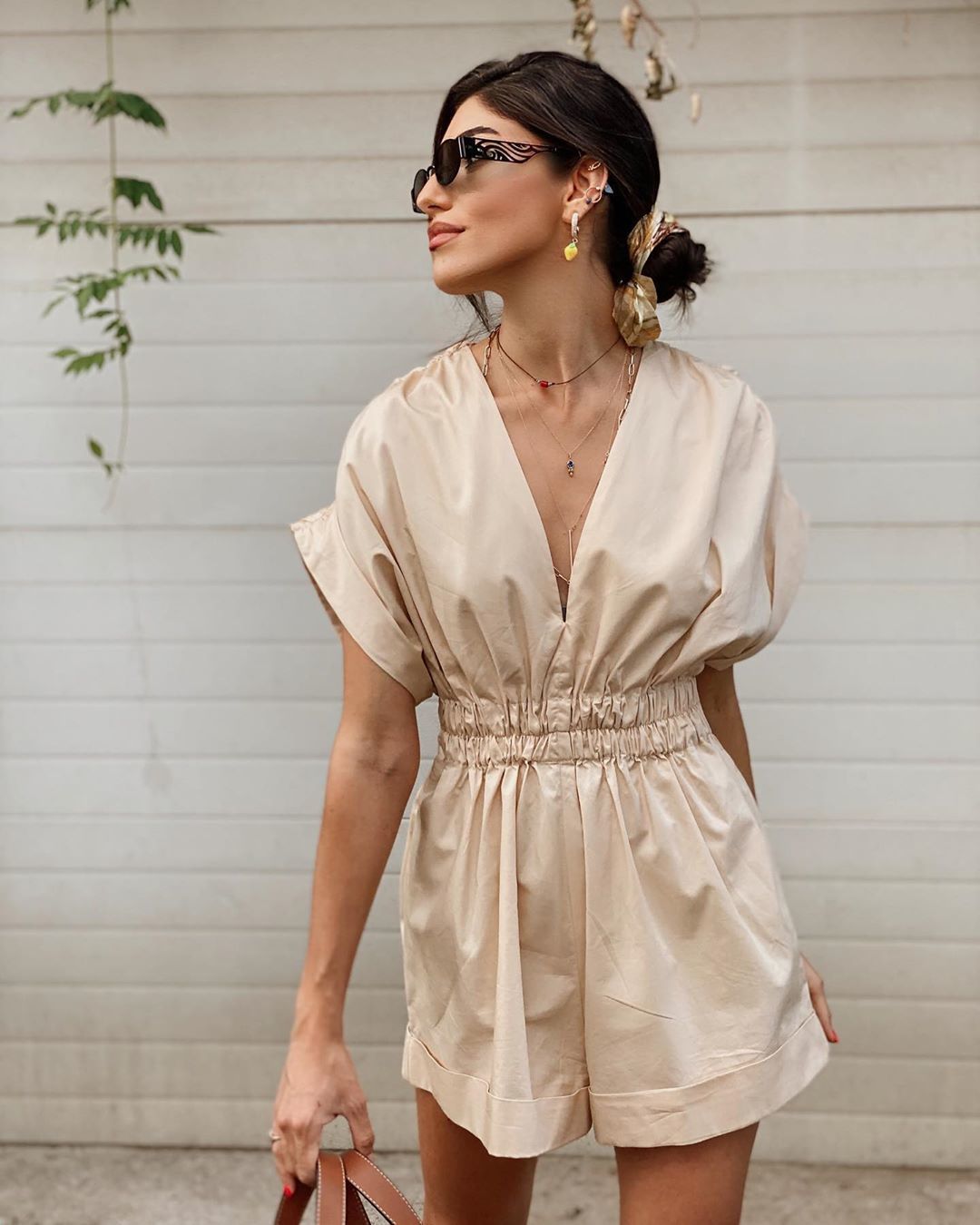Deep V-neck Shirred Frill Elastic Waist Jumpsuit