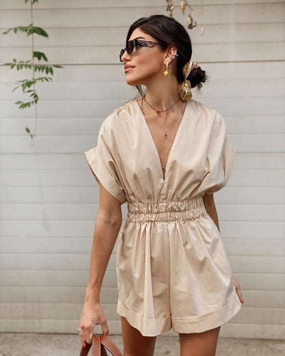 Deep V-neck Shirred Frill Elastic Waist Jumpsuit